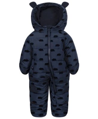 Baby Boys' Flocked Bear-Print Fleece-Lined Hood Easy-On/Easy-Off Snowsuit
