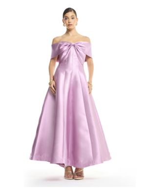 Women's Off-Shoulder Bow Front Tea-Length Midi Dress in Satin