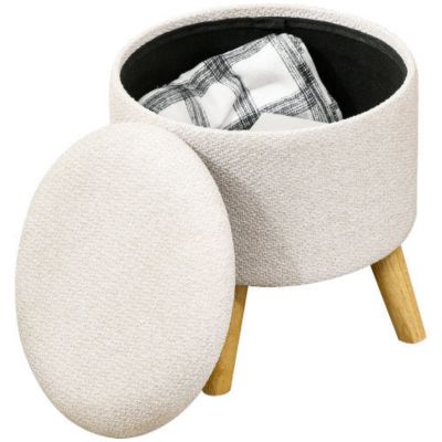 Round Linen Storage Ottoman, Cushioned Top Oak Leg Stool, 15.25 Inch, 264 LBS Capacity