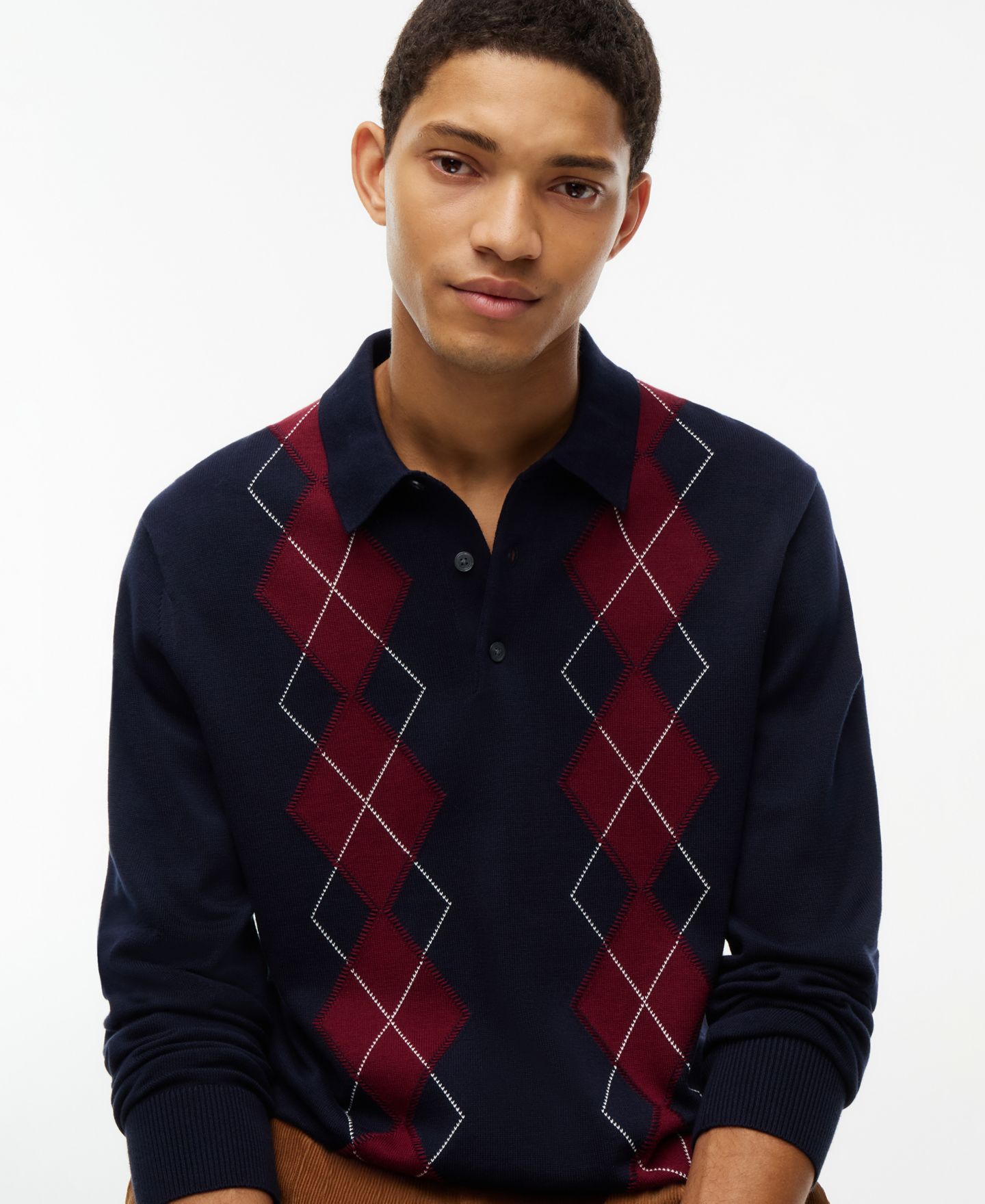 Мужские рубашки Tommy Hilfiger Placed Argyle Long-Sleeve Sweater Polo, цвет: Тёмно-синий — фото 3