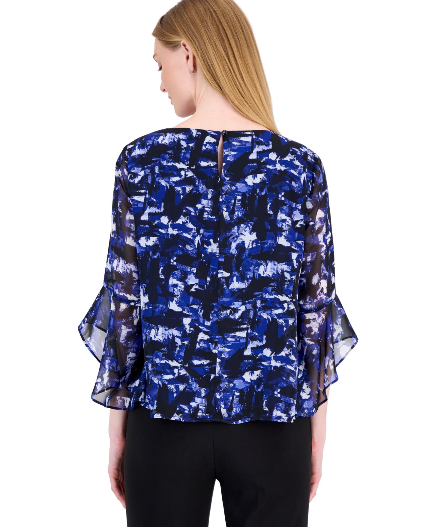 Женская блузка Kasper Boat Neck 3/4-Sleeve Tiered-Ruffle, цвет: Королевский синий разноцветный — фото 4