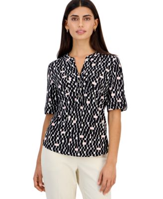 Petite Button-Front Roll-Tab Sleeve V-Neck Knit Top