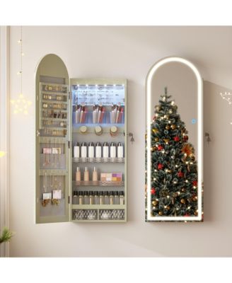 15.7"W Arched Jewelry Armoire with LED Mirror, Wall or Door Mounted Jewelry Cabinet