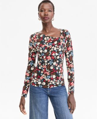 Women's Printed Asymmetric Neckline Long-Sleeve Top
