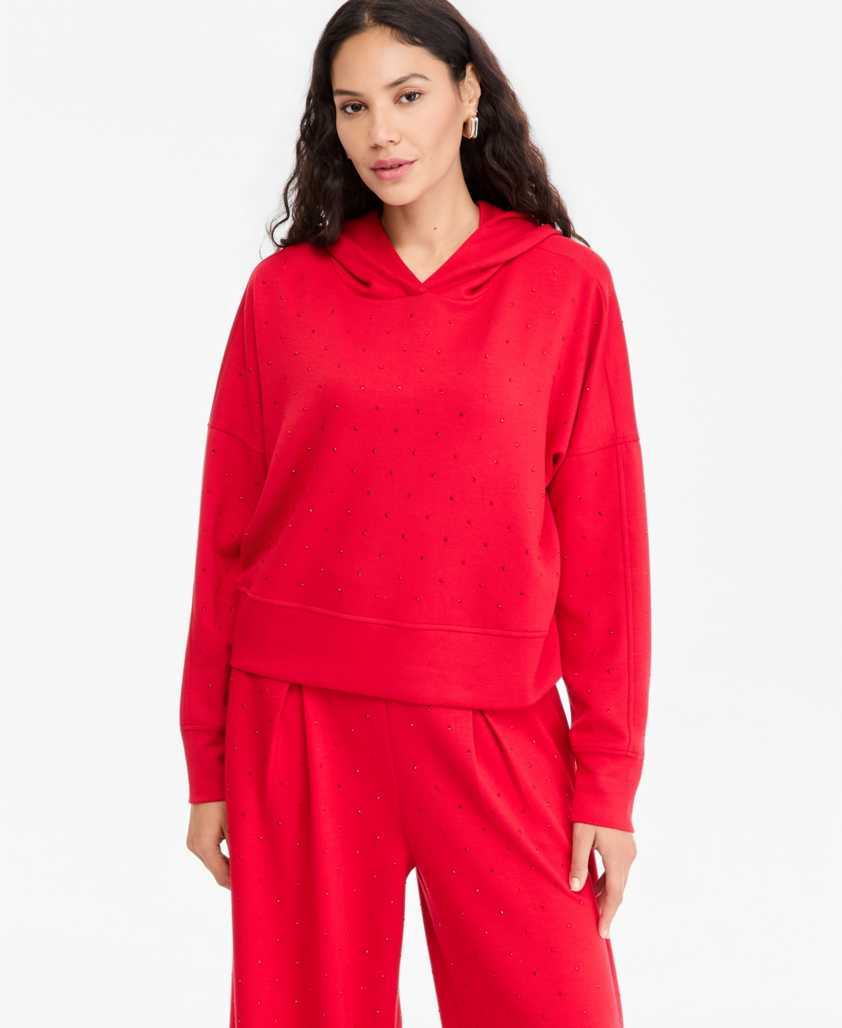 I.n.c. International Concepts Women's Shine Rhinestone Pullover Hoodie, Macy's Exclusive - Real Red