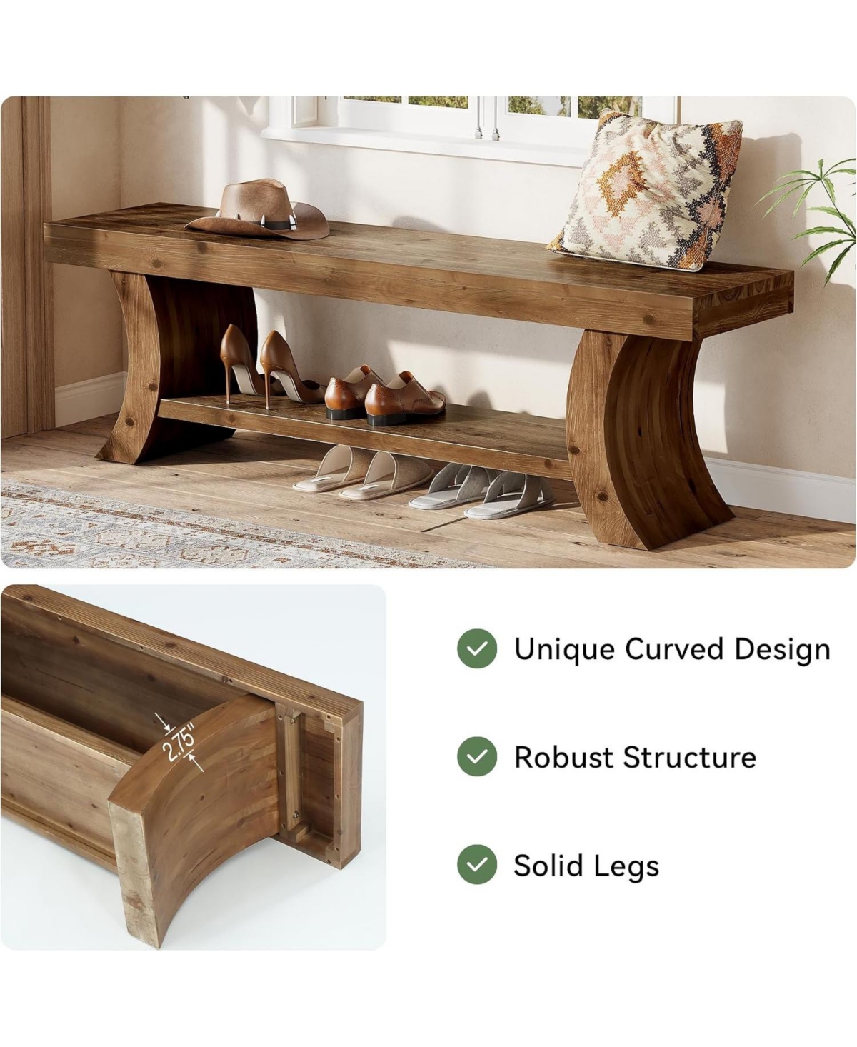 Tribesigns 55-Inch Solid Wood Dining Bench with Storage Shelf, Farmhouse Kitchen Bench Seating for Dining Room, Living Room Entryway, Easy Assembly