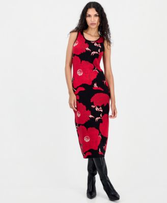 Women's Sleeveless Jacquard Floral-Print Midi Dress