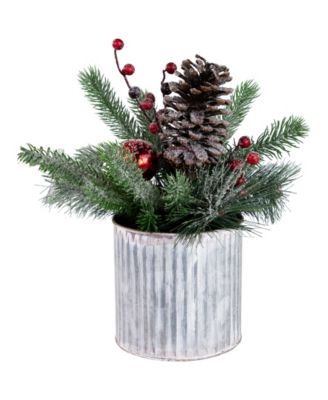 Frosted Pine Berries and Pine Cones 12" Floral Arrangement in Tin Pot