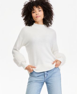 Women's Mock Neck Long-Sleeve Faux Fur-Trim Pullover Sweater