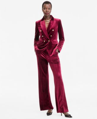 Women's Velvet Double-Breasted Blazer and Straight-Leg Pants, 2-Piece Set