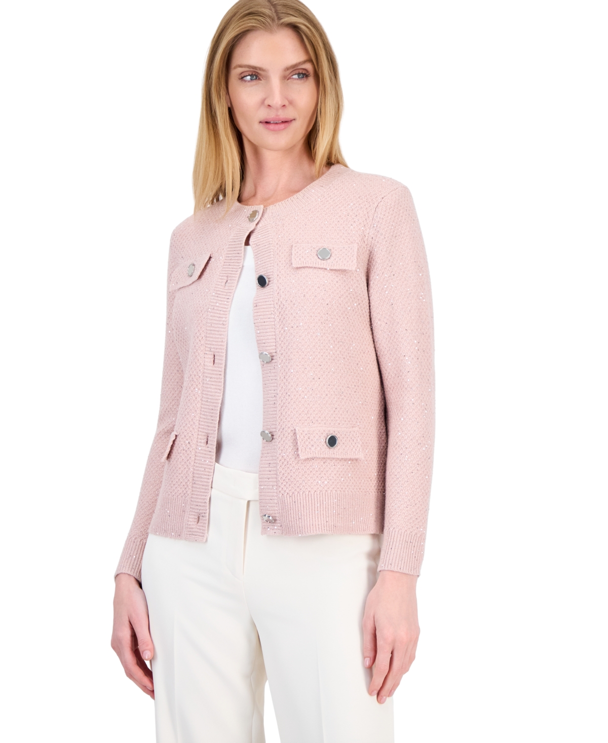 Anne Klein Women's Glitz Lady Crewneck Cardigan - Pink Blush