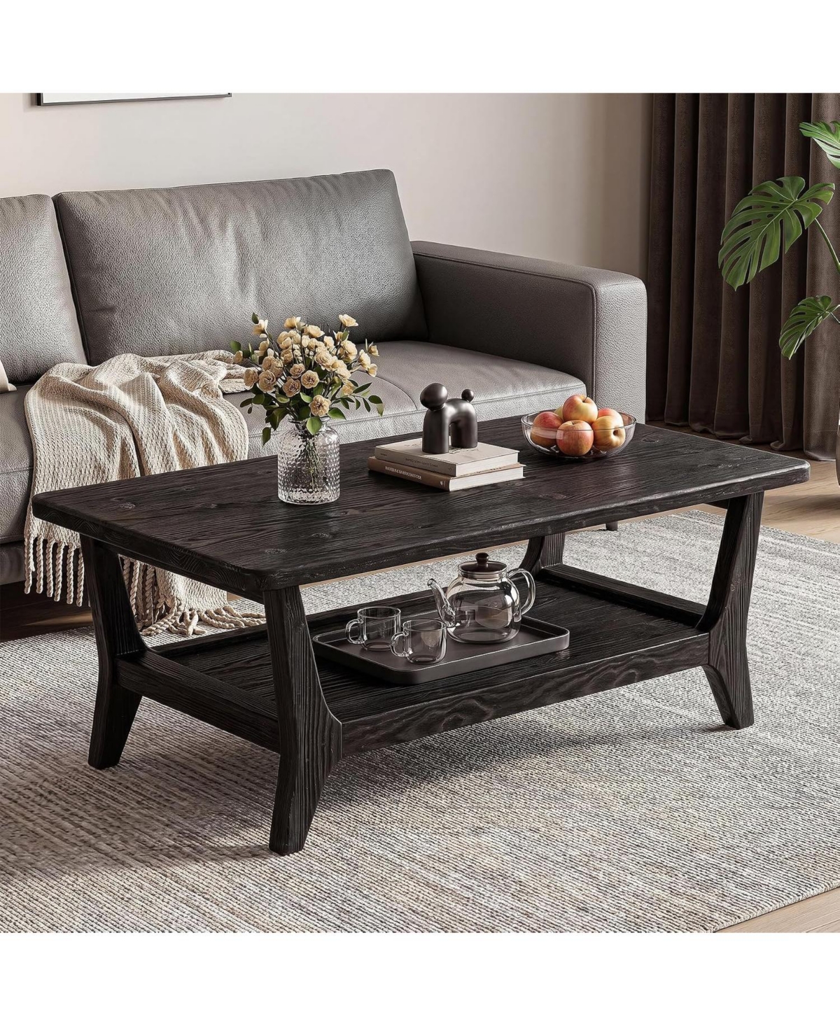 Tribesigns Solid Wood Coffee Table, 47-Inch Living Room Center Table with Shelf, 2-Tier, Smooth Corners, Child-Friendly, Easy Assembly