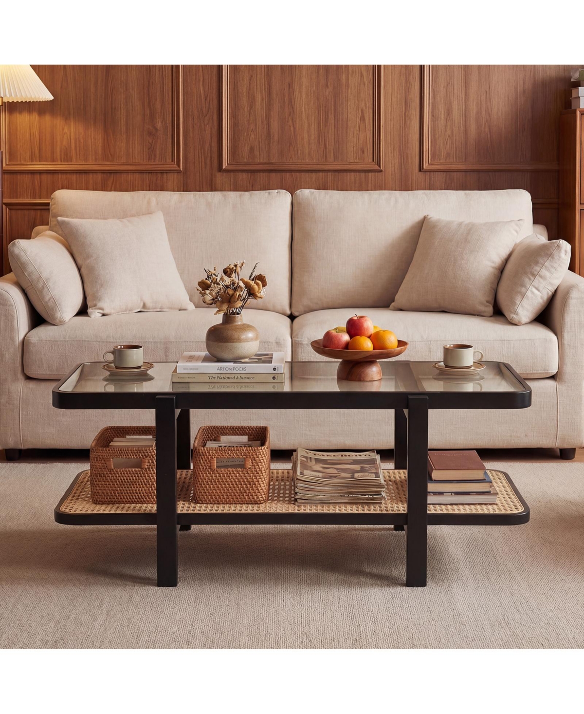 Costway 2-Tier Rustic Coffee Table with Storage Tempered Glass Tabletop Pe Rattan Shelf