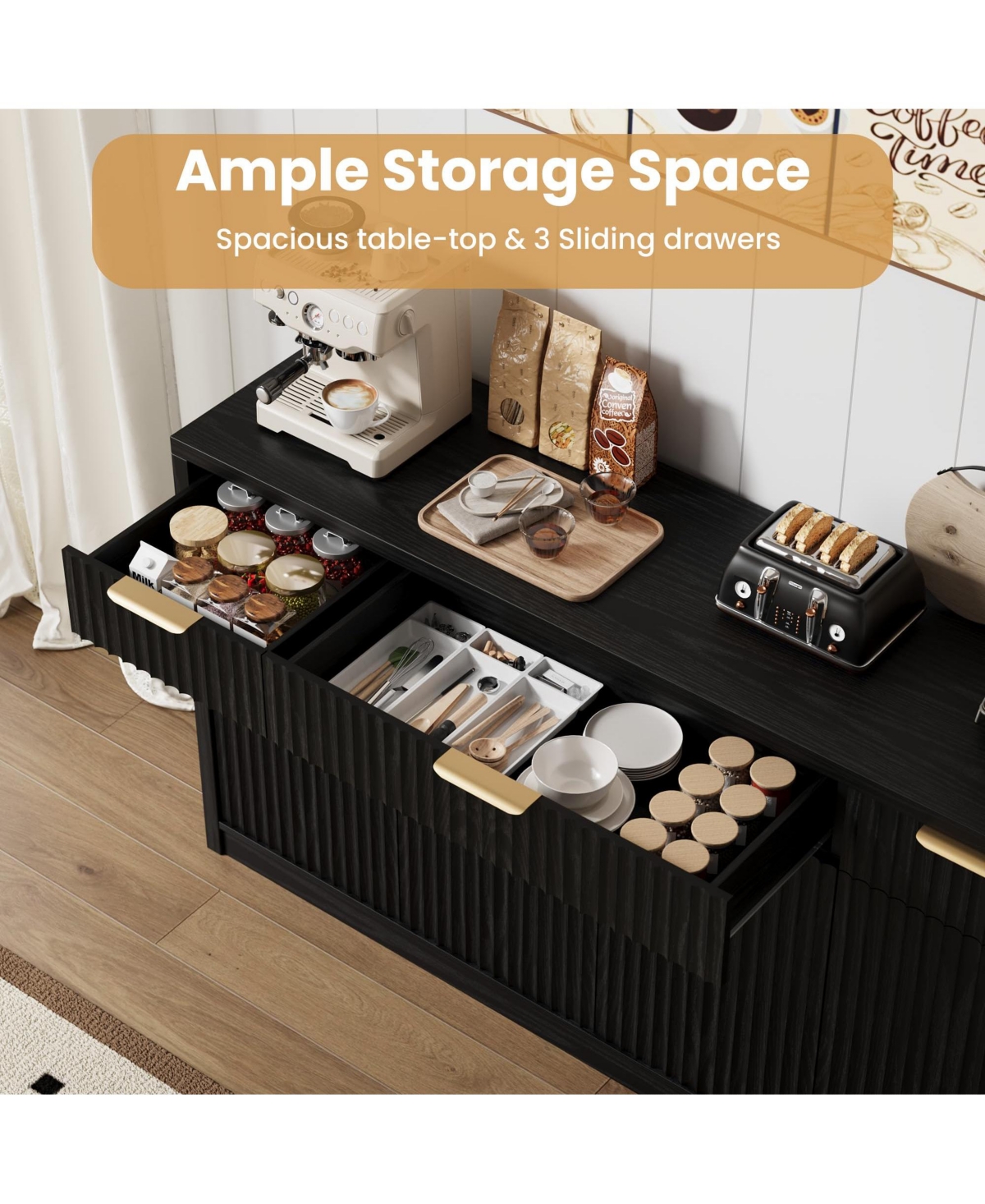 55 Inch Modern Fluted Buffet Sideboard Credenza, Storage Cabinet With Doors And Inner Shelves For Kitchen, Dining Room Coffee Bar Spaces