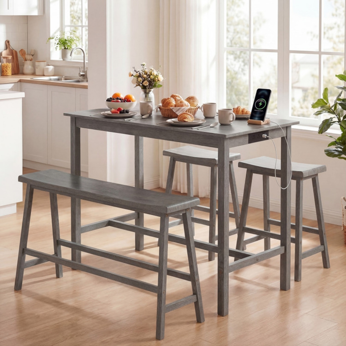 Sugift 4 Piece Counter Height Dining Table Set with Power Outlets Bench and 2 Saddle Stools