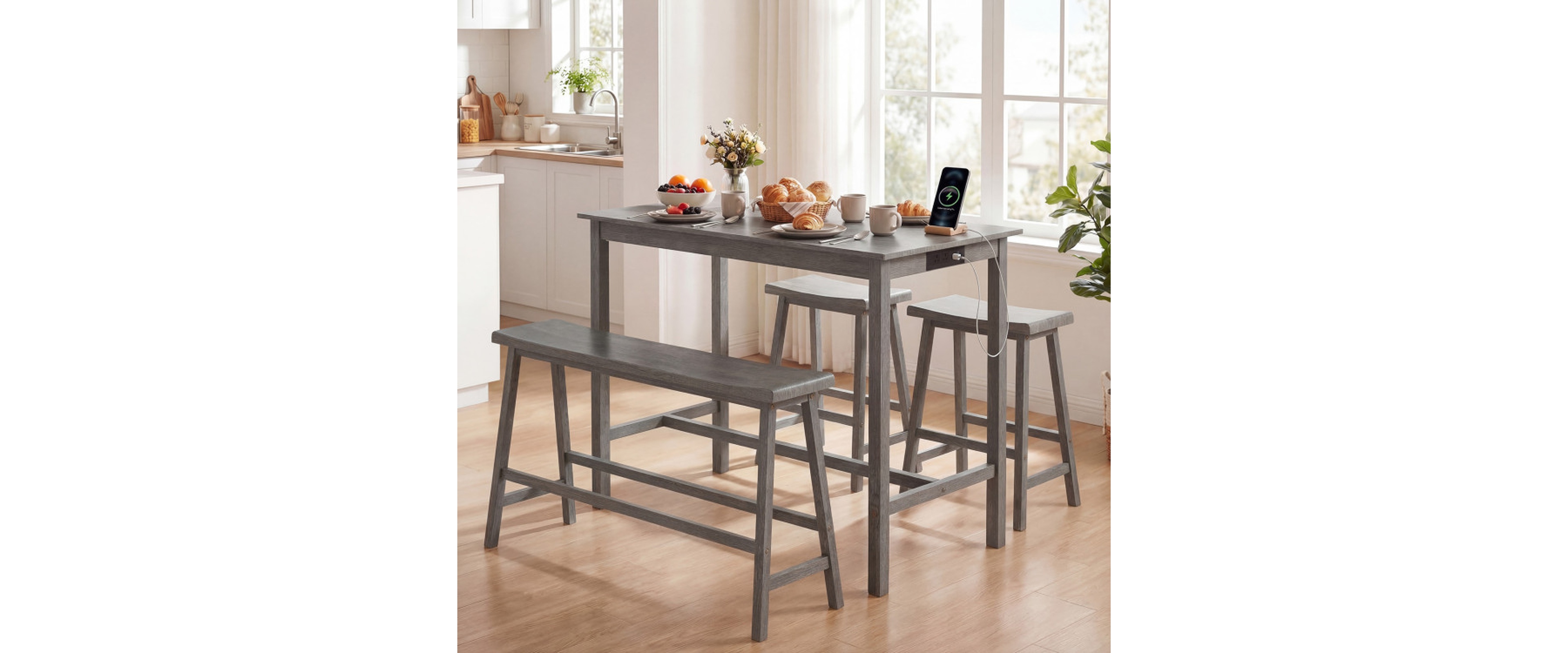 Sugift 4 Piece Counter Height Dining Table Set with Power Outlets Bench and 2 Saddle Stools
