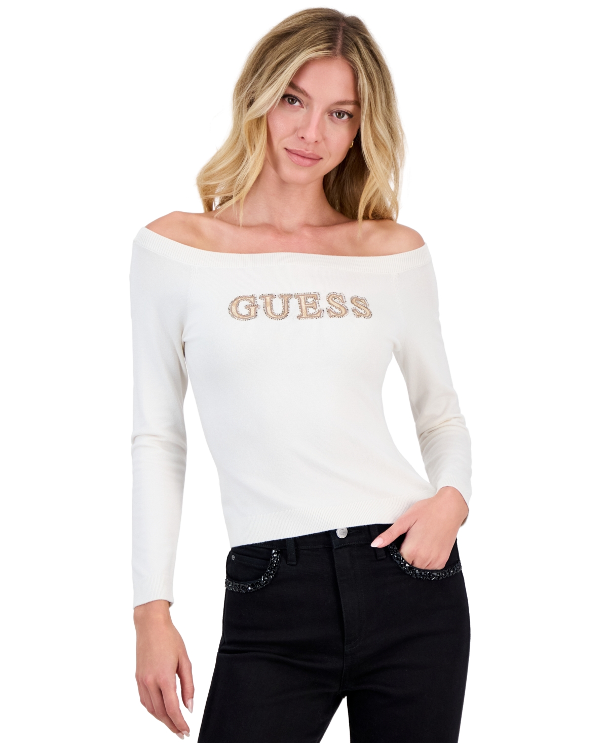 Guess Women's Liliana Off-the-Shoulder Long-Sleeve Embroidered Sweater - Dove White