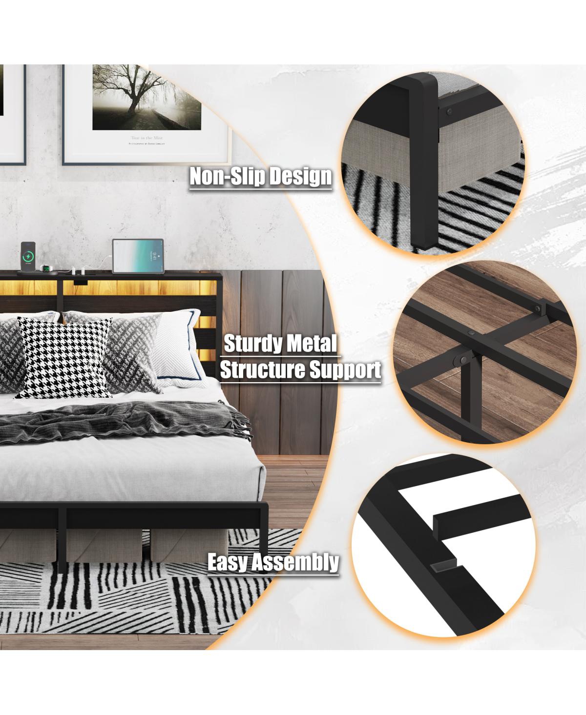 Streamdale Furniture Queen Metal Platform Bed with Led, Usb, and Headboard