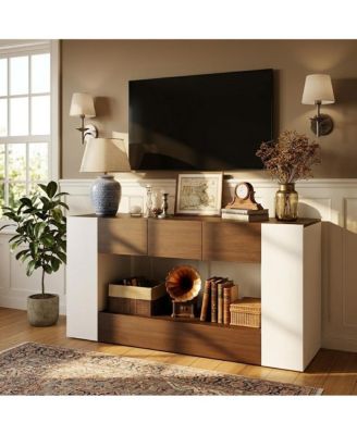 63" Farmhouse TV Stand for TVs Up to 70 Inch, Entertainment Center with Drawers, Cabinets and Open Storage Media Console for Living Room