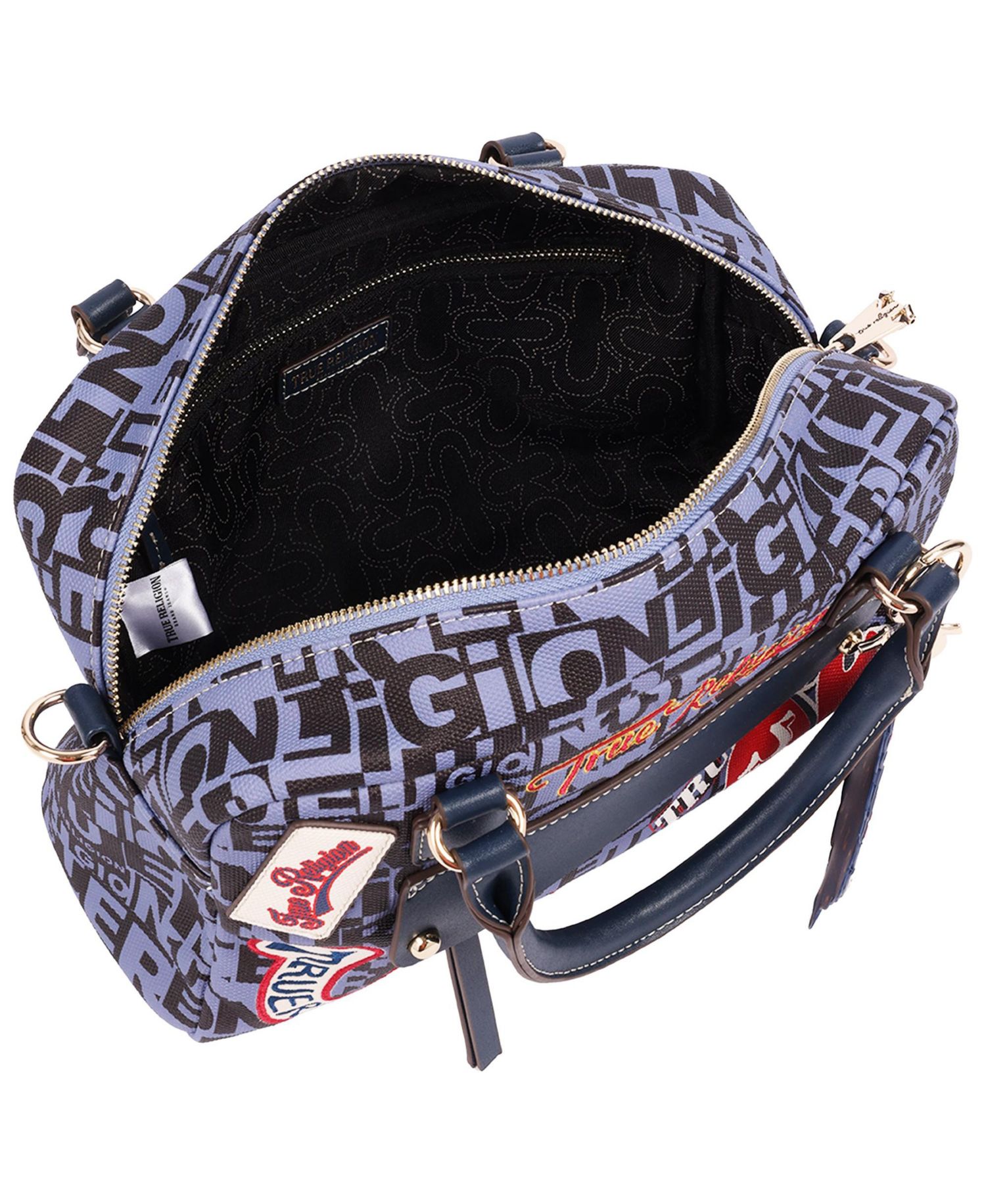 Women's Multi Patch Graphic Satchel Bag with Detachable Guitar Buddha Charm - Convertible Crossbody Handbag