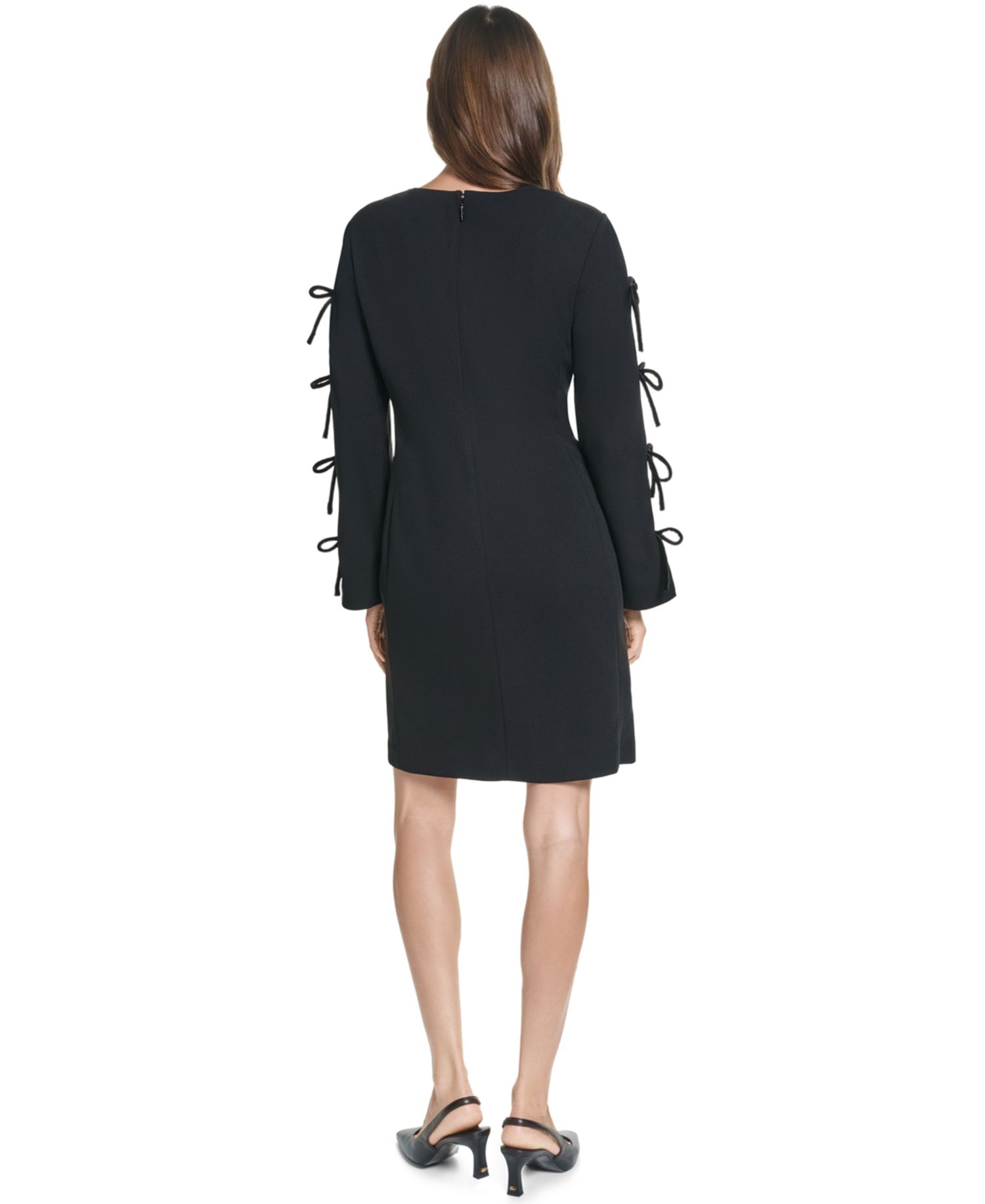 Women's Long-Sleeve A-Line Scuba Crepe Dress with Velvet Bow