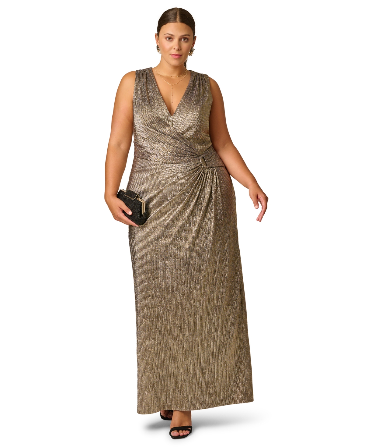 Adrianna Plus Metallic Knit Plunging V-Neck Gown