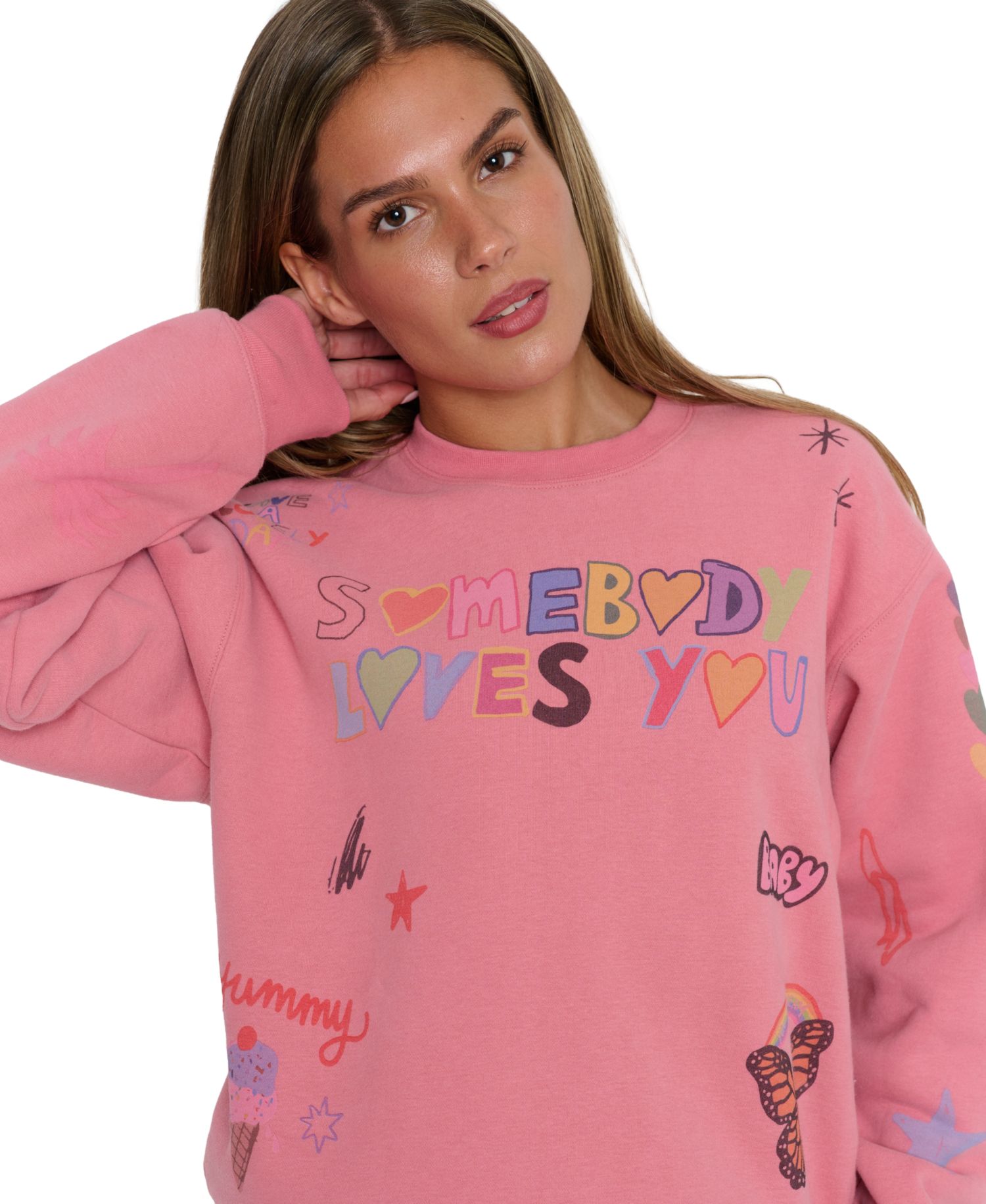Juniors' Somebody Loves You Graphic Long-Sleeve Cotton-Blend Sweatshirt