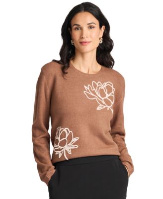 Women's Chenille Floral Embroidery Crewneck Sweater