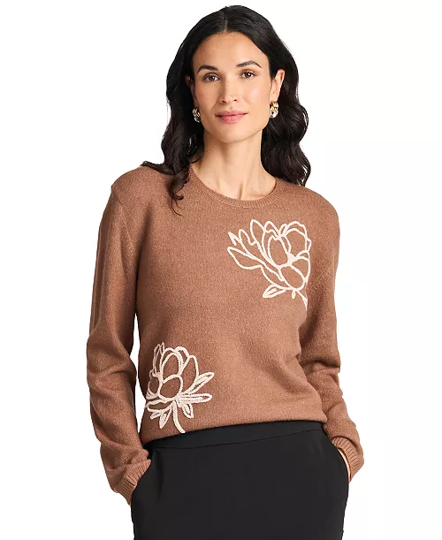 Vince Camuto Women's Chenille Floral Embroidery Crewneck Sweater