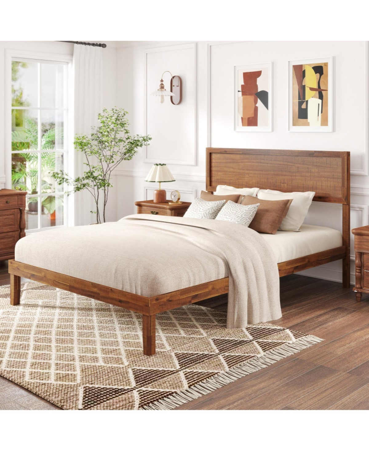 Gouun Full Size Wood Platform Bed Frame with High Headboard and 12 Plywood Slats