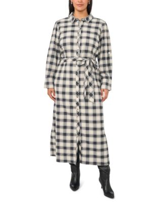 Plus Size Plaid Midi Loose-Fit Shirt Dress
