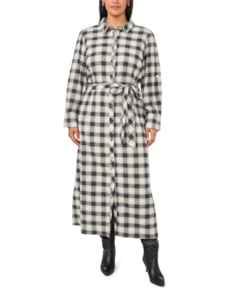 Женское платье Vince Camuto Plus Size Plaid Midi Loose-Fit Shirt Dress, цвет: Насыщенный чёрный