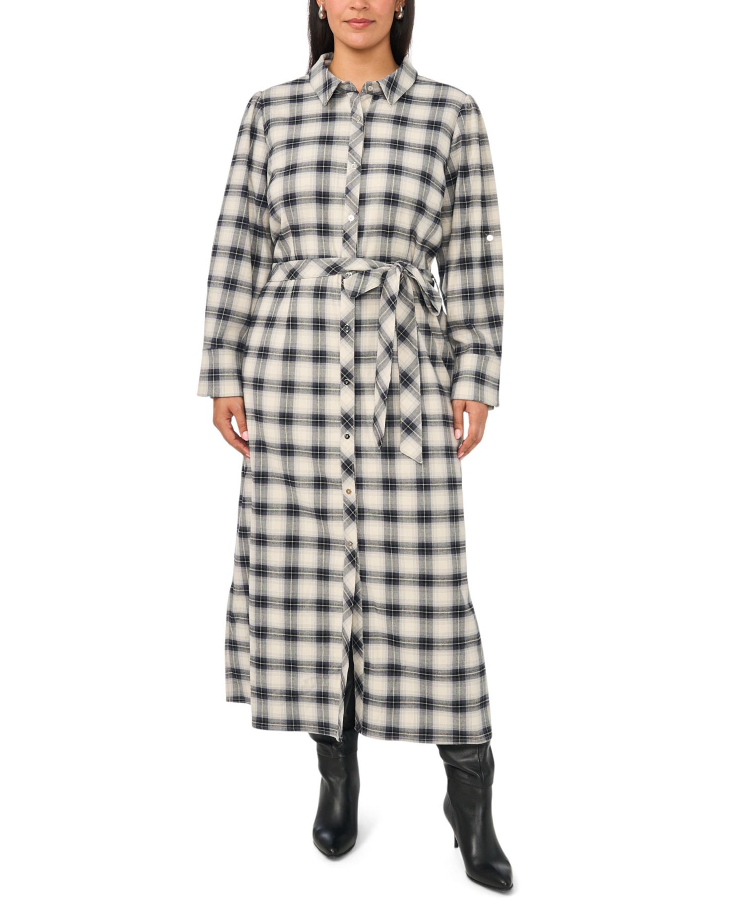 Plus Size Plaid Midi Loose-Fit Shirt Dress