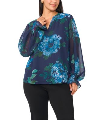Plus Size Split-Neck Floral-Print Long-Sleeve Blouse