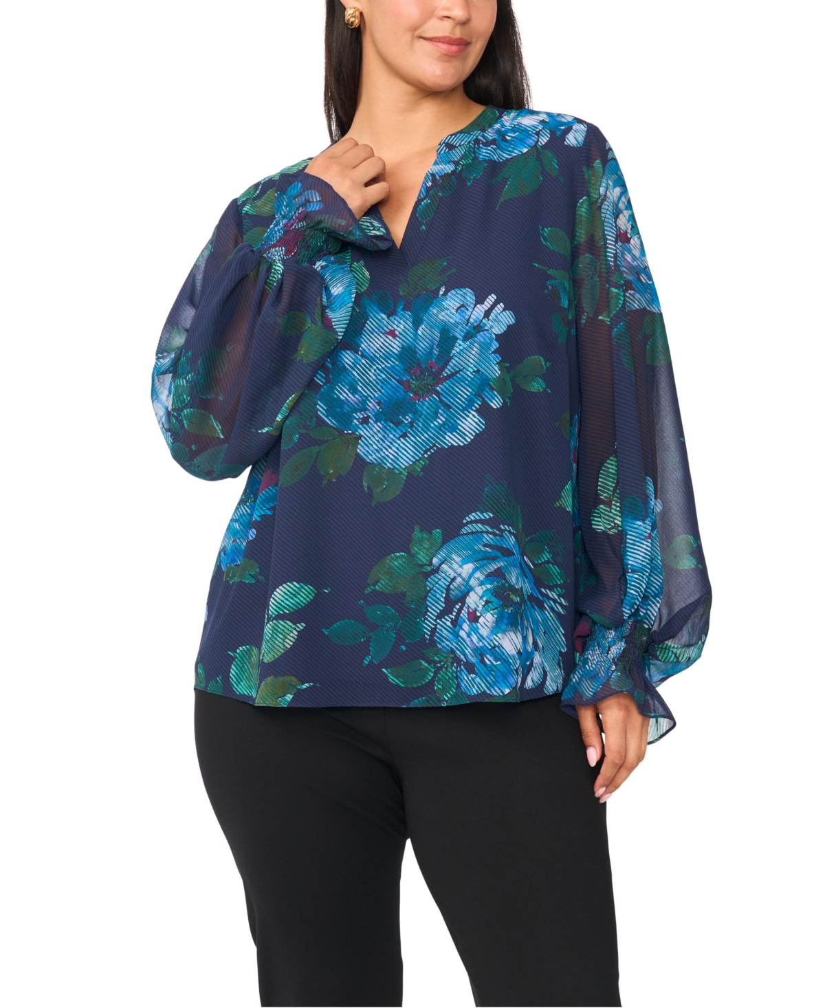 Vince Camuto Plus Split-Neck Floral-Print Long-Sleeve Blouse