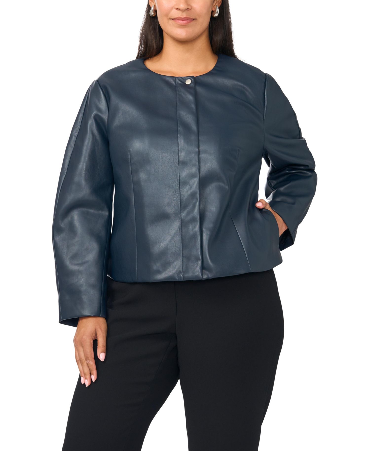 Plus Size Balloon Sleeve Faux Leather Crewneck Jacket