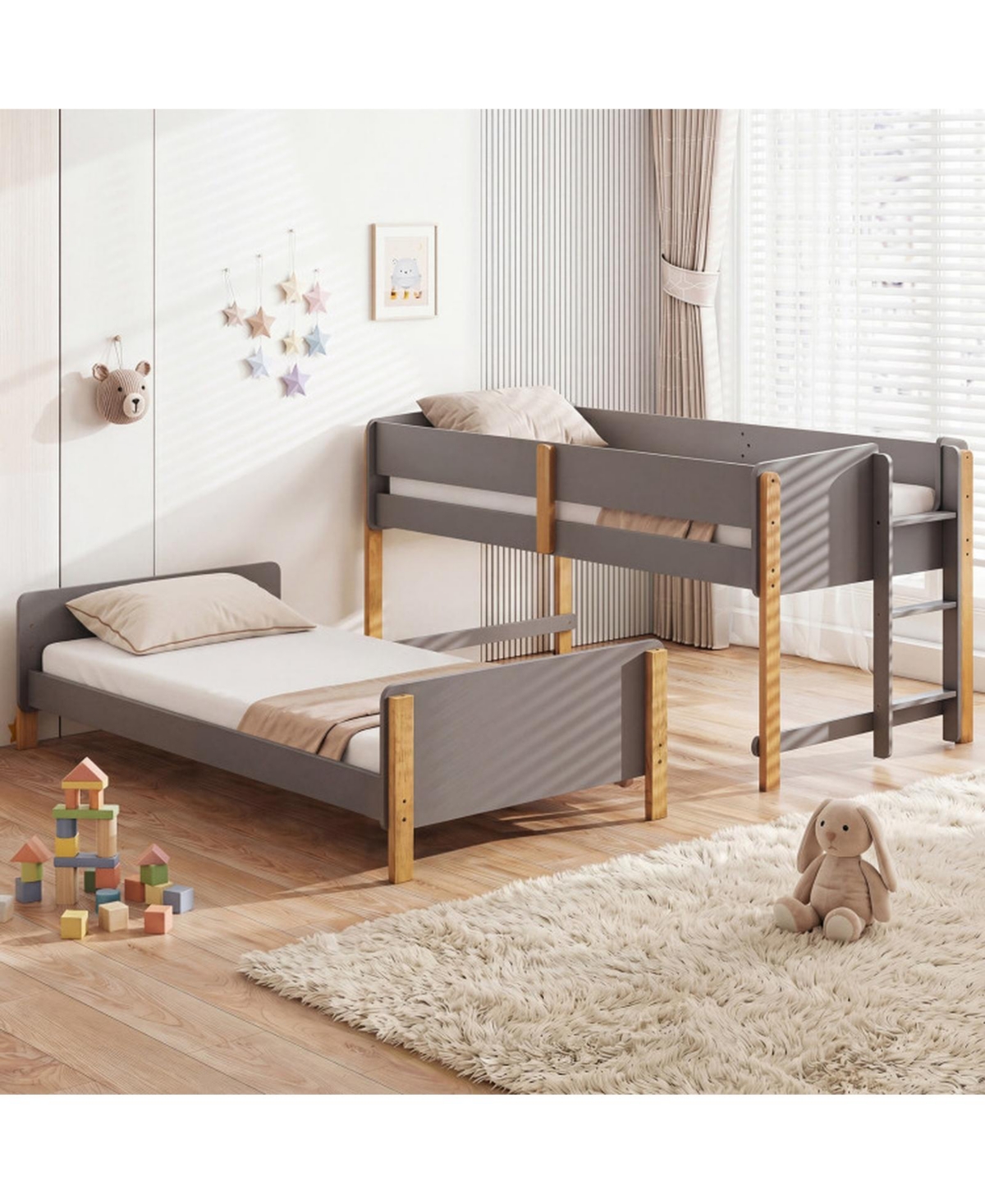 Gouun Twin Over Twin Wood Bunk Bed with Ladder Convertible to 2 Separate Beds