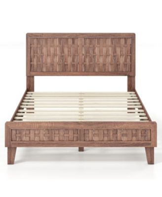 Full Size Mid-Century Bed Frame with 3D Woven Accent Headboard and 12 Slats