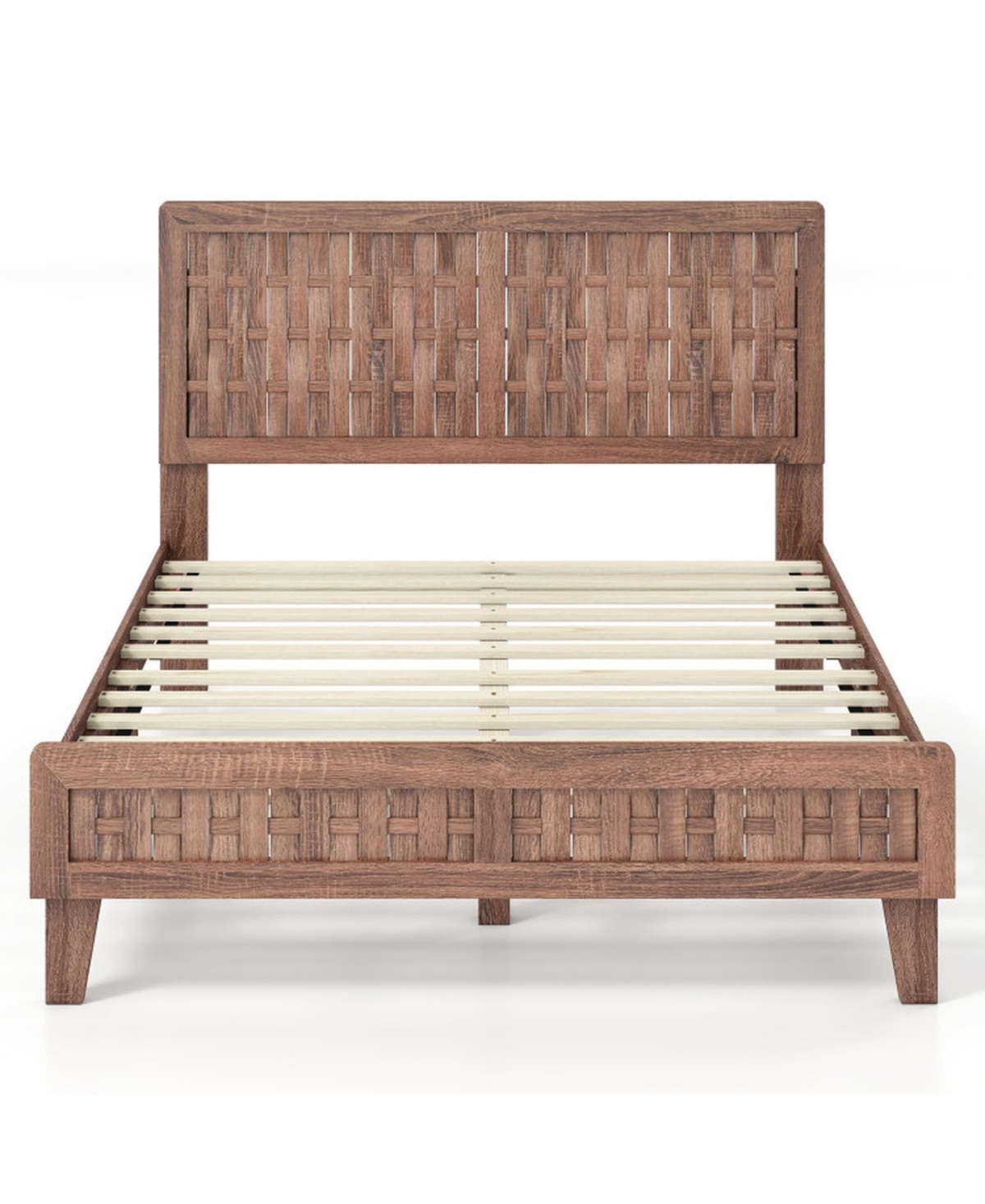 Gouun Full Size Mid-Century Bed Frame with 3D Woven Accent Headboard and 12 Slats