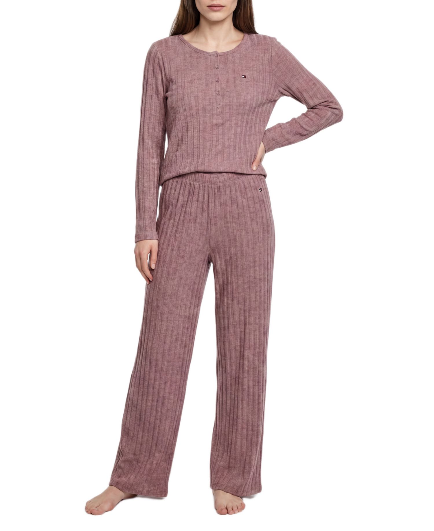 Women's Long-Sleeve Wide-Leg Cable-Jacquard Henley Top and Pant, 2-Piece Pajama Set