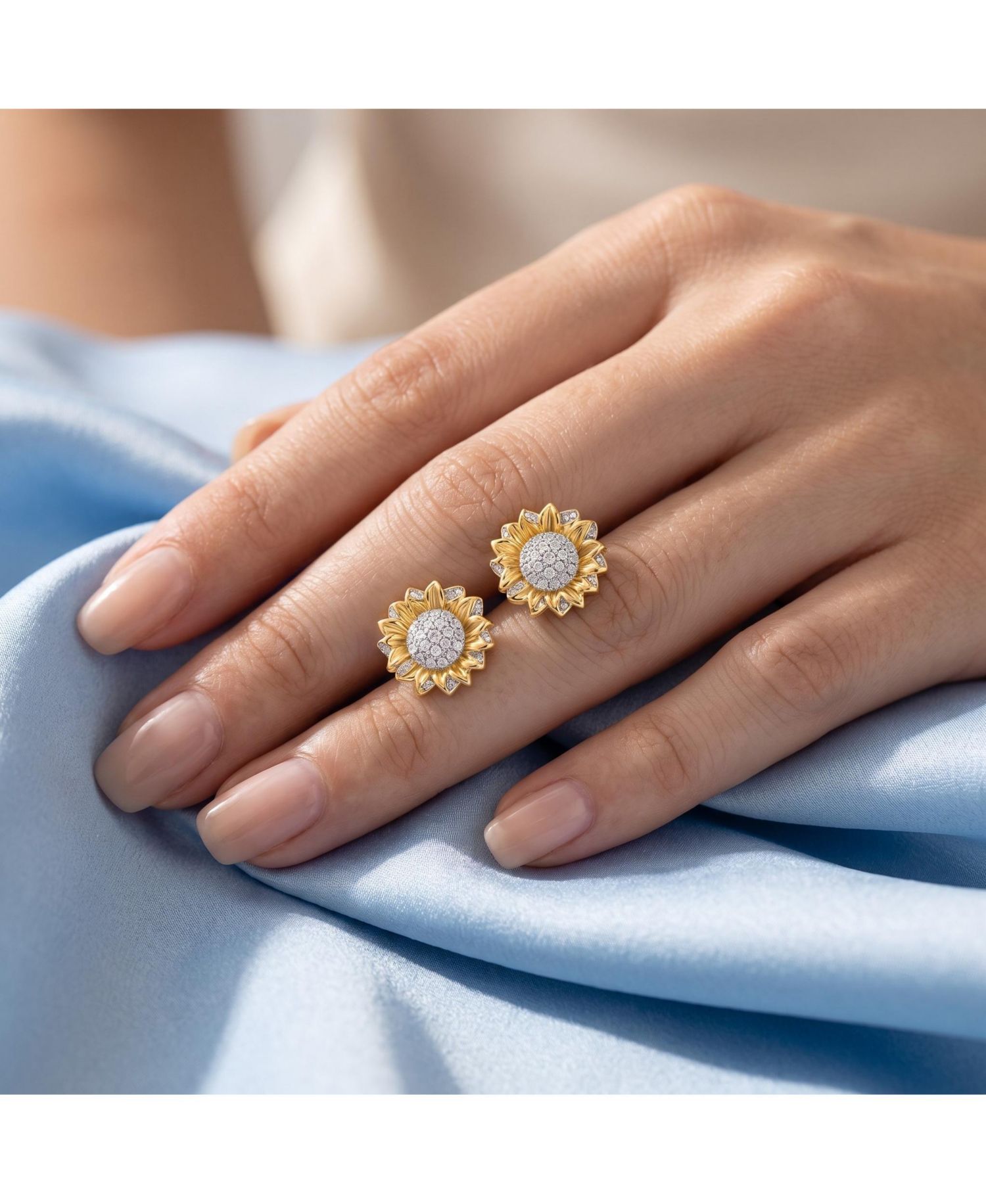 Stylish Two-Tone Cubic Zirconia Sunflower Stud Earrings