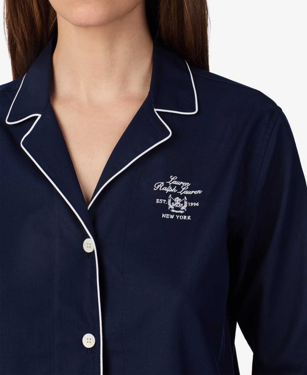Lauren Ralph Women's Long-Sleeve Notch-Collar Cotton Pajama Set