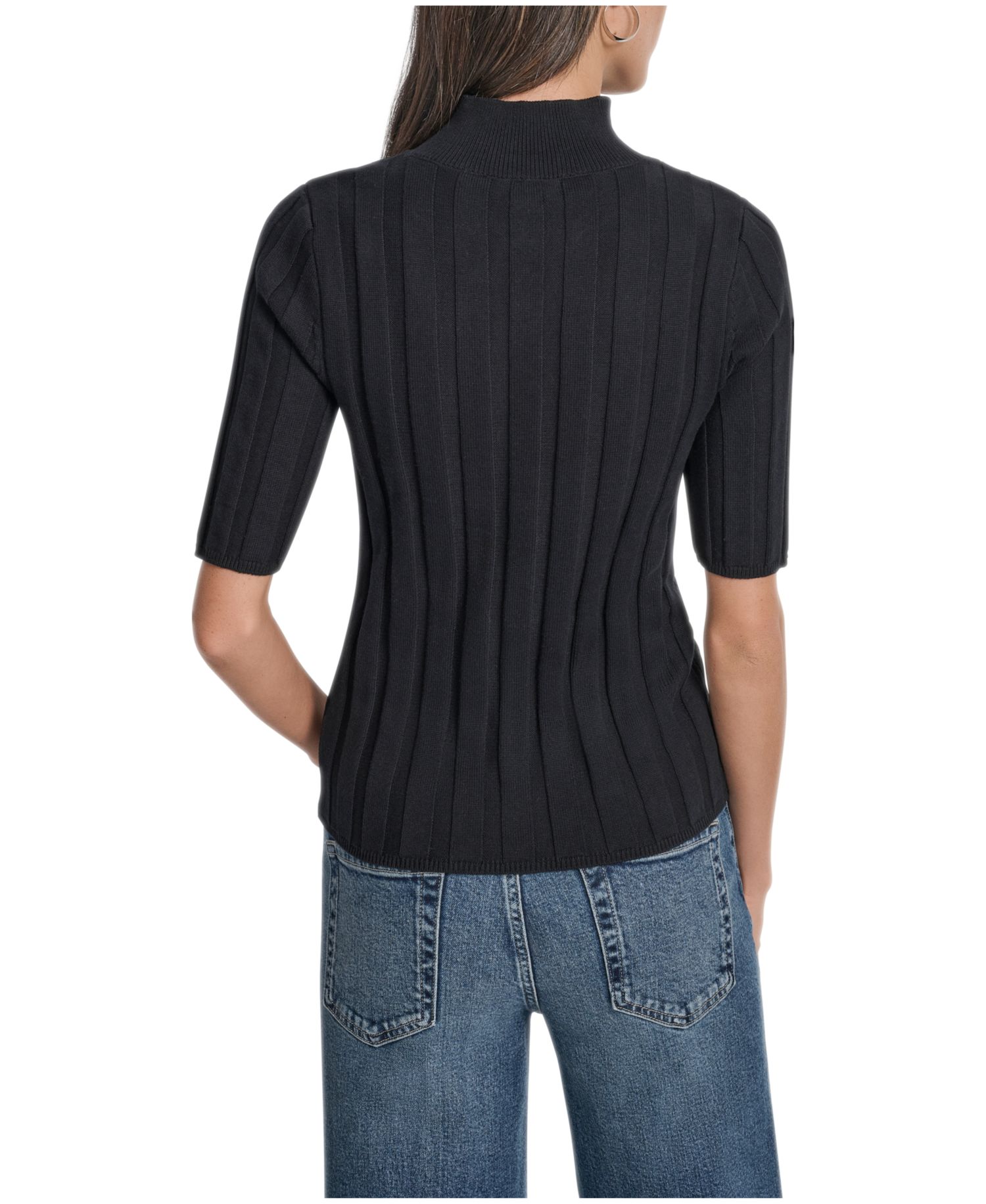 Women's Elbow Sleeve Wide Rib Mock Neck Cotton Rib Knit Sweater
