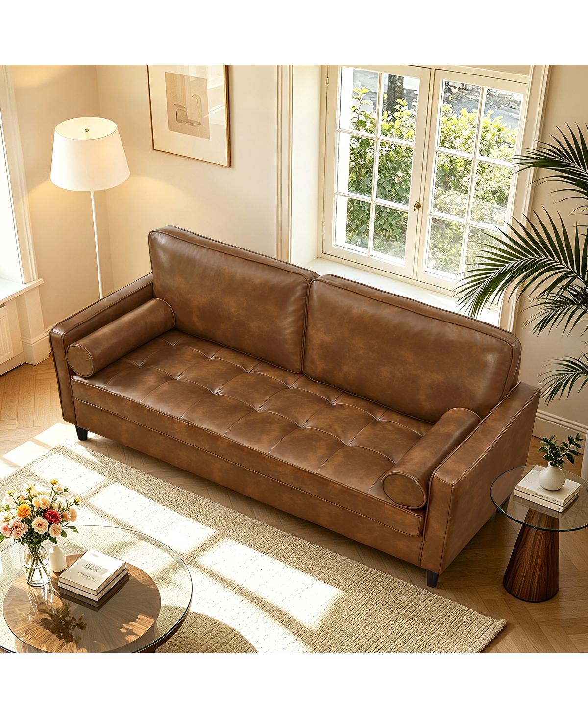 Streamdale Furniture Classic Tufted Faux Leather Sofa with Wood Legs