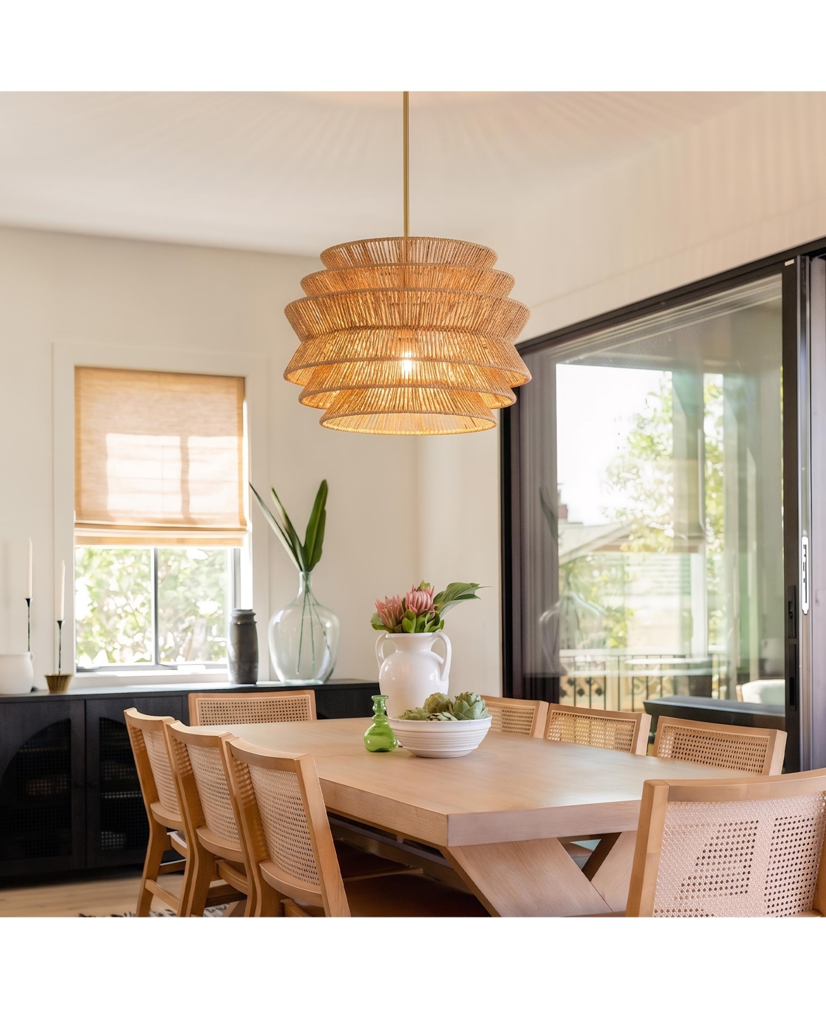 Mega Casa 17.3" Hand-Woven Rattan Tiered Pendant Light, Coastal Boho Wicker Chandelier