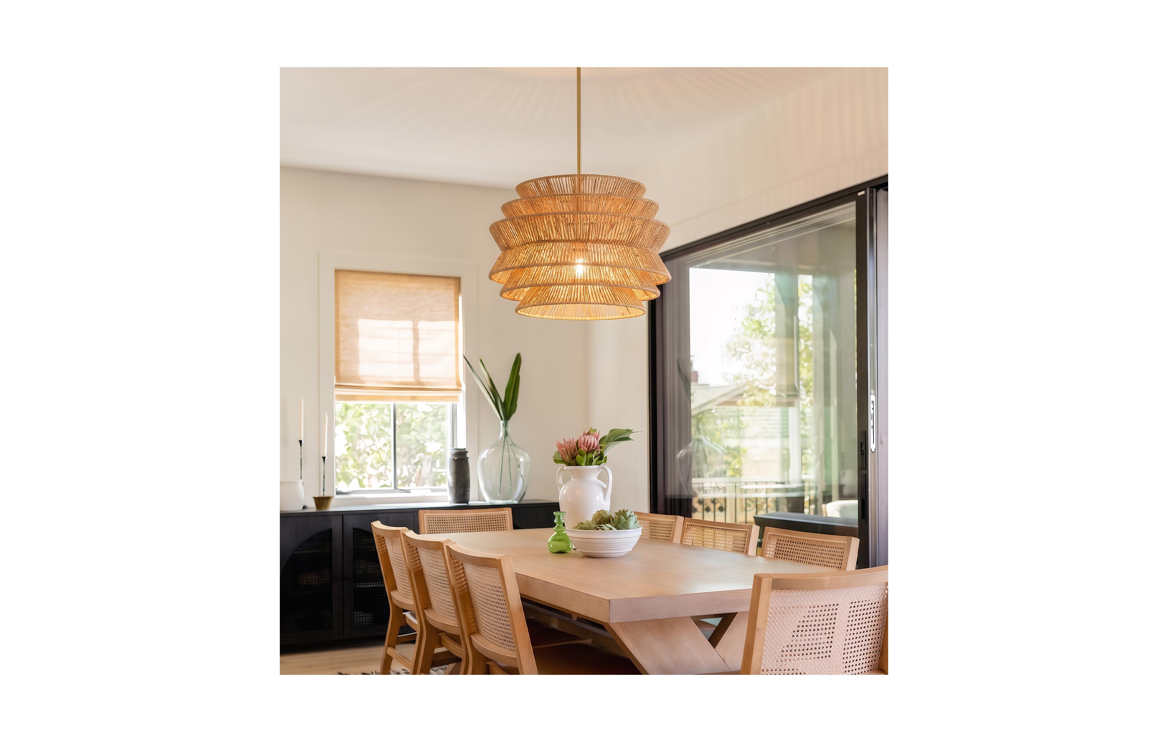 Mega Casa 17.3" Hand-Woven Rattan Tiered Pendant Light, Coastal Boho Wicker Chandelier