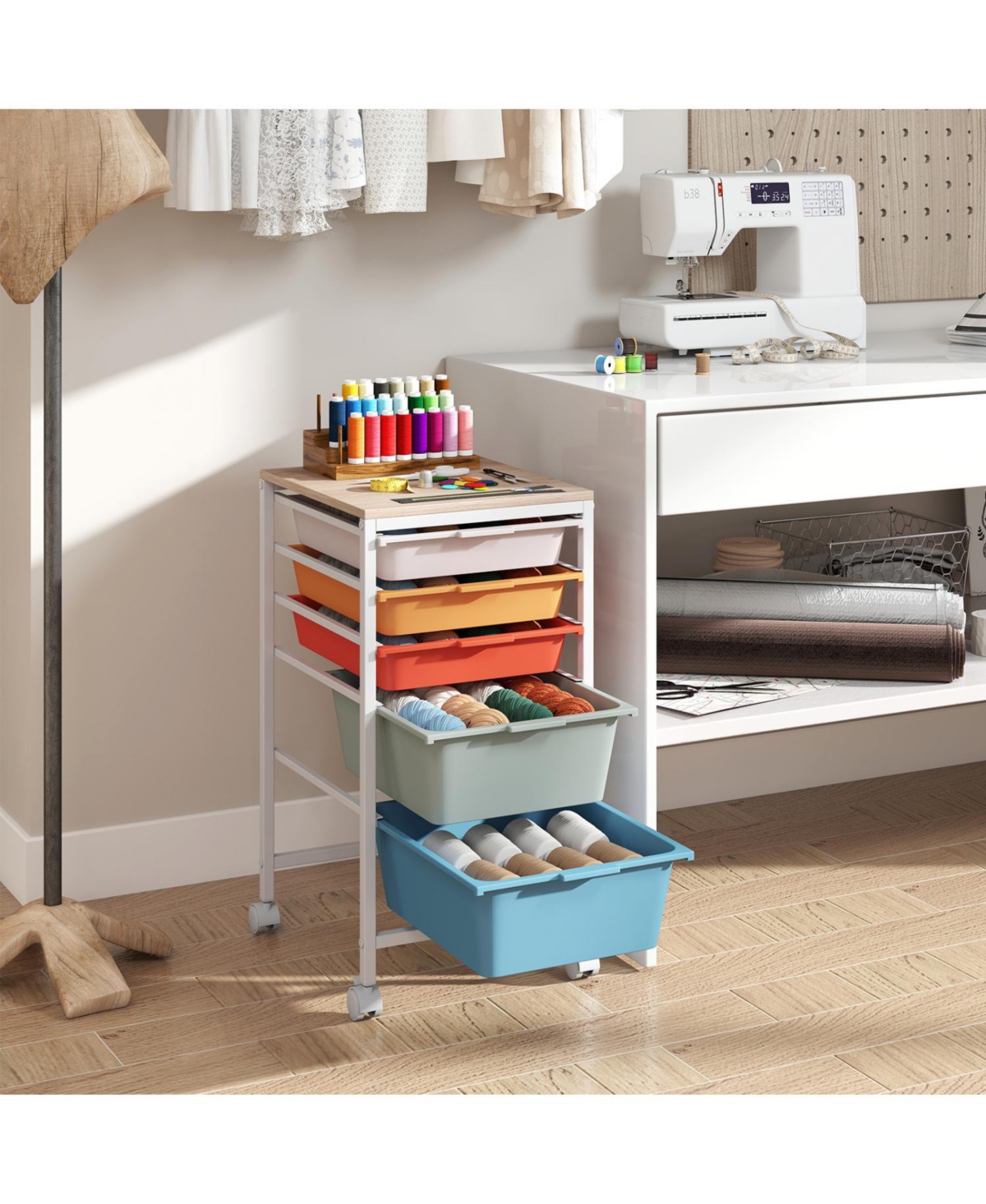 Mecale 5-Drawer Rolling Storage Cart with Wooden Tabletop