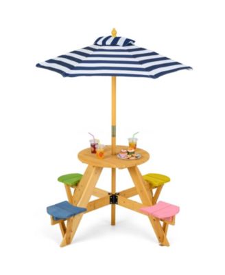 Kids Round Picnic Table with 4 Built-In Stools and Height Adjustable Umbrella