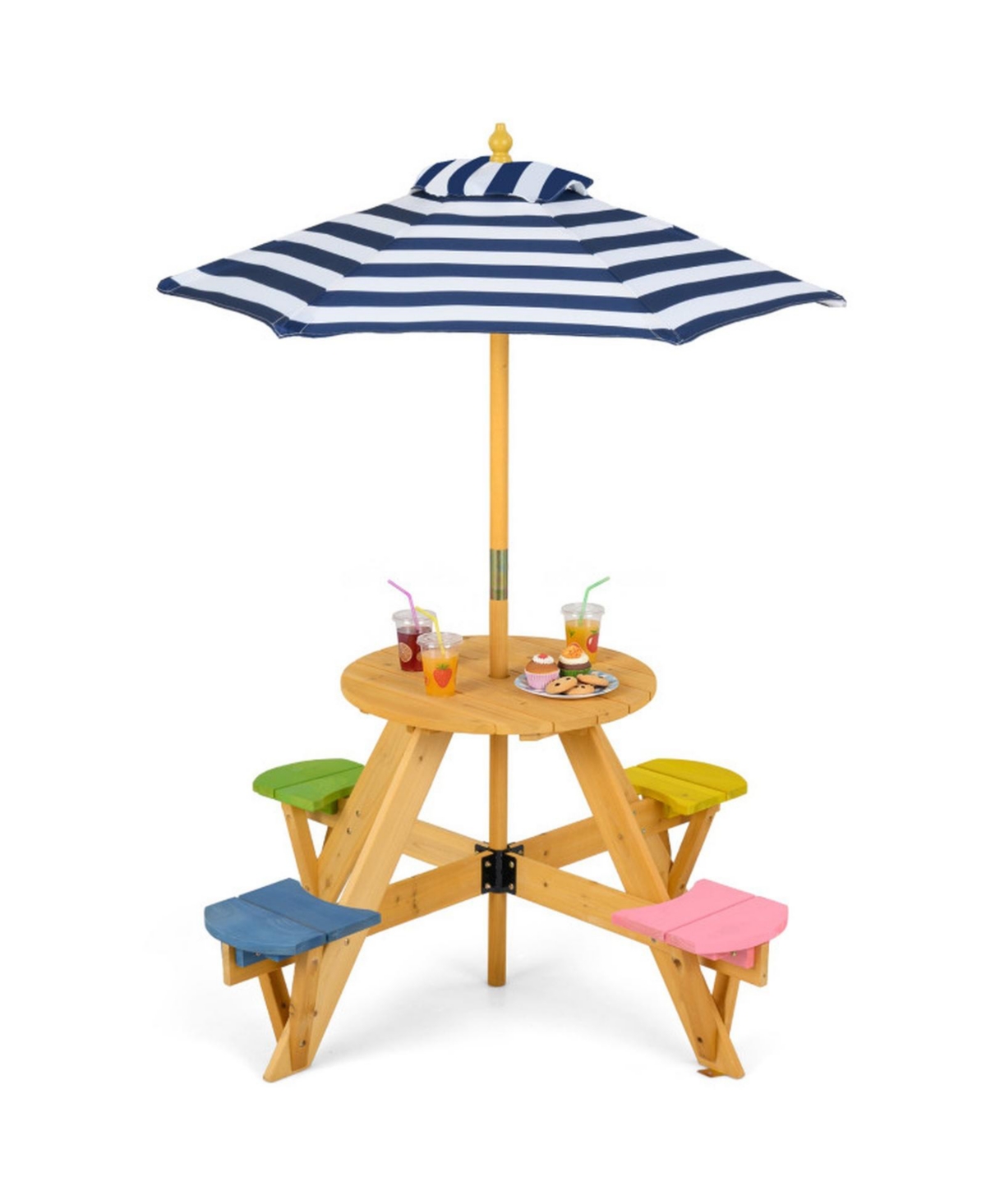 Sugift Kids Round Picnic Table with 4 Built-In Stools and Height Adjustable Umbrella - Blue