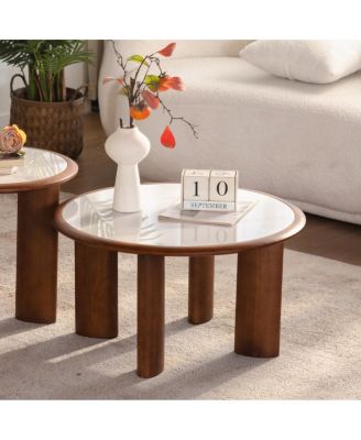 17.72" Round Sintered Stone Coffee Table with Wood Rim